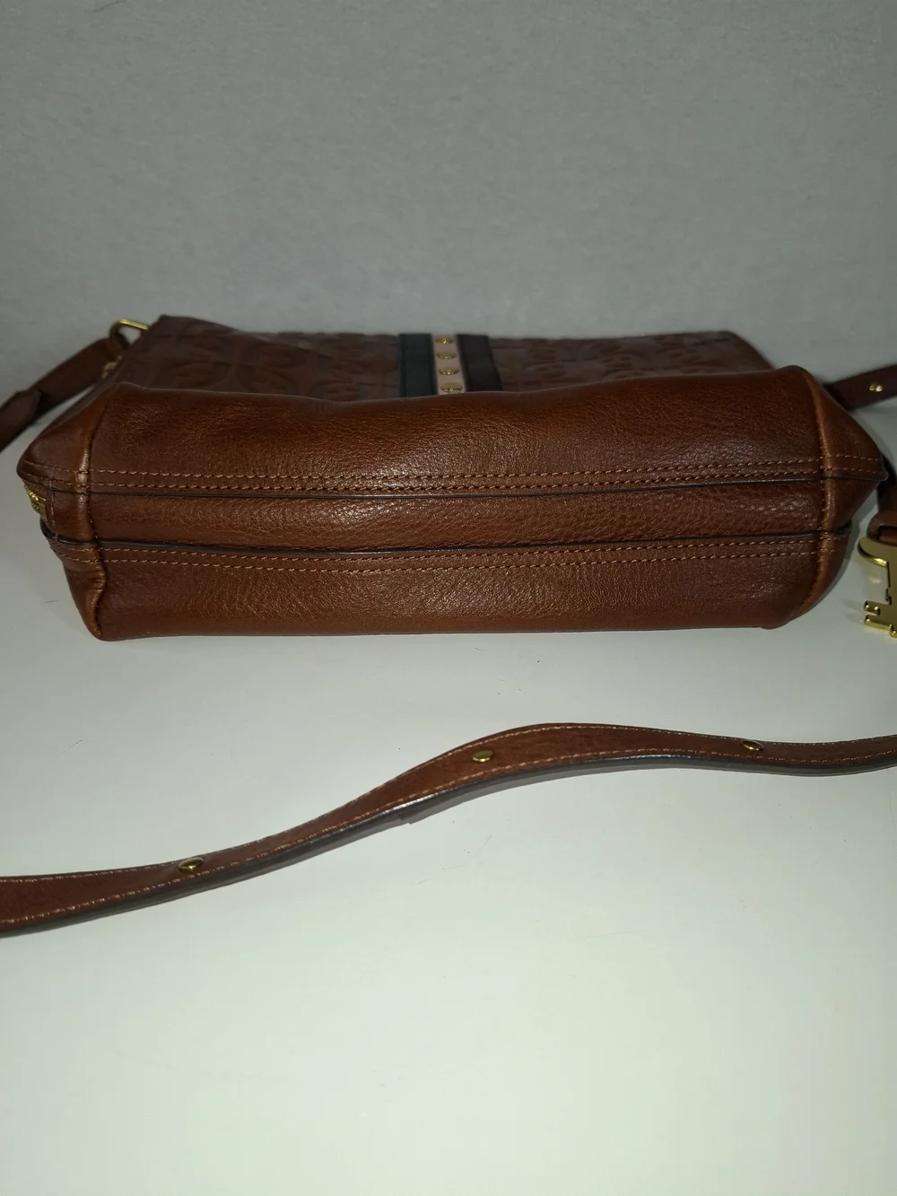 Fossil Brown Leather Crossbody with Studded Stripe Detail
